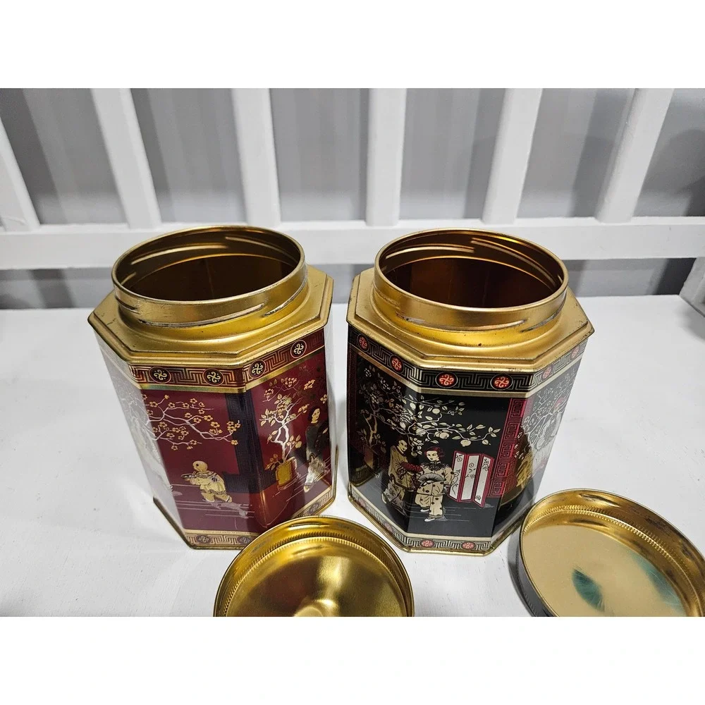 Vtg 1960s Chinoiserie Octagonal Tea Tin Set, Oriental Style Made in England